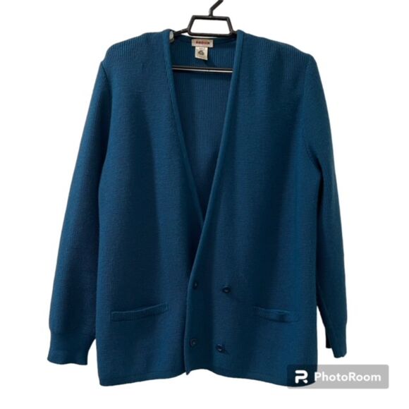 VTG Rodier Teal Blue Wool Blend LS Padded Button Cardigan Sweater Size Large - Picture 1 of 11